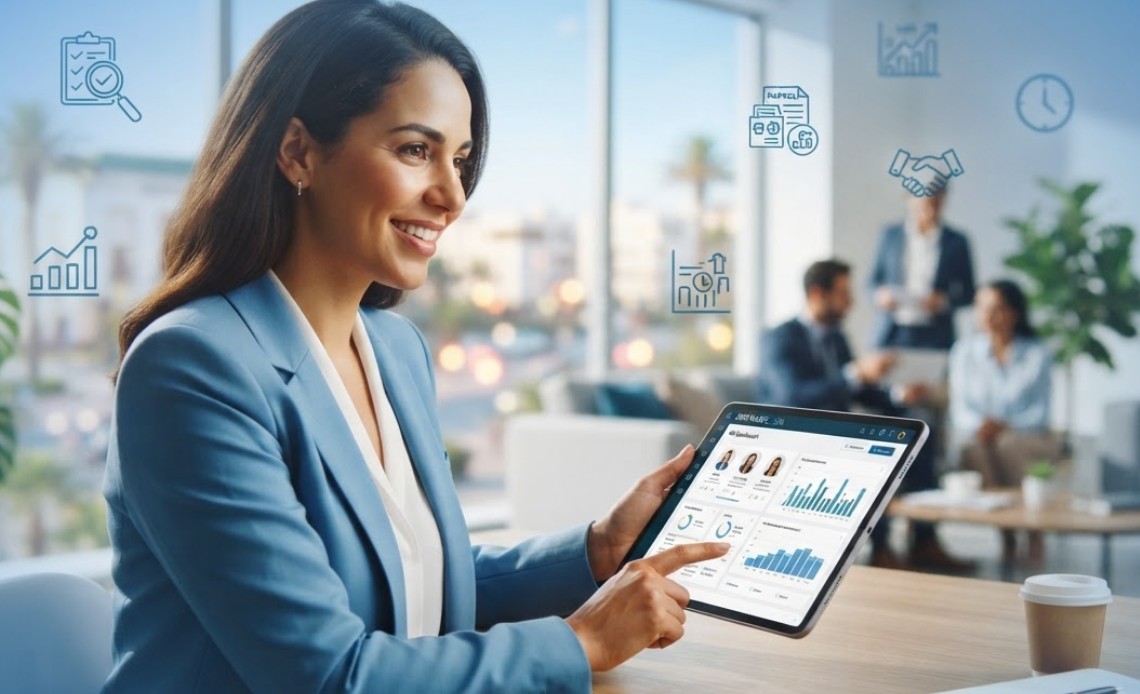 Femme entrain de naviguer sur sa tablette pour accéder à son logiciel de gestion RH