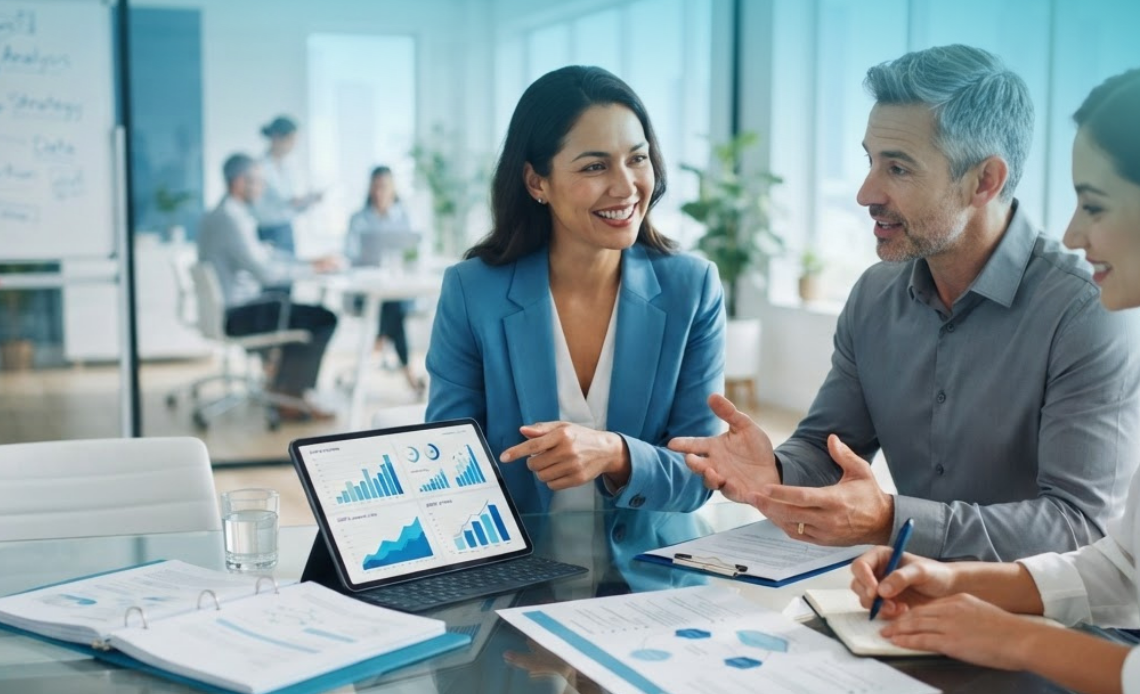 A team of professionals collaborating in a meeting room around a table with documents and a tablet displaying financial charts and metrics, acting as a Pay Equity Analysis Tool and Template