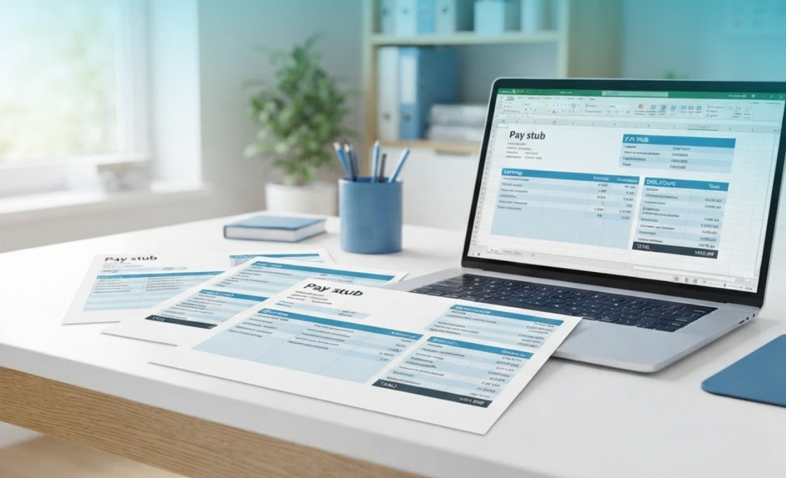 A modern office desk featuring a laptop displaying a spreadsheet and printed documents, illustrating a sample pay stub template excel.