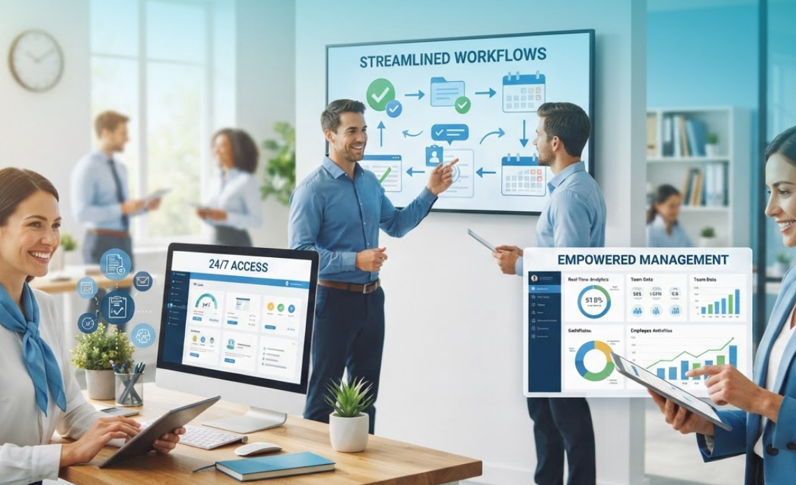 Corporate professionals interacting with digital workflows and personal document portals powered by employee self service software