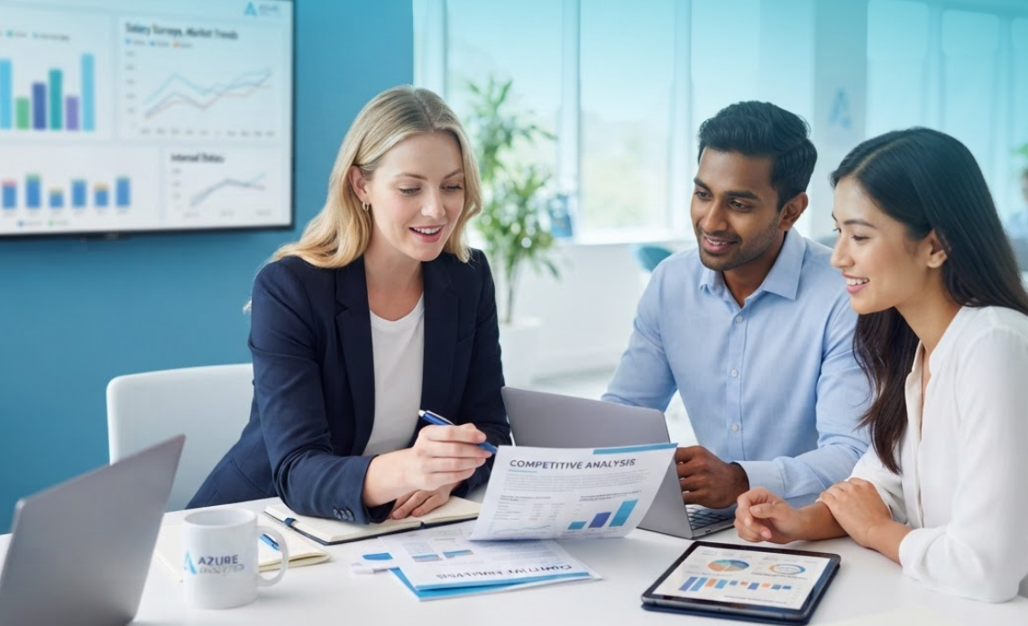 Three professionals collaborating in a modern office, analyzing market data on a Competitive Analysis document while discussing a strategy to determine a Competitive Salary.