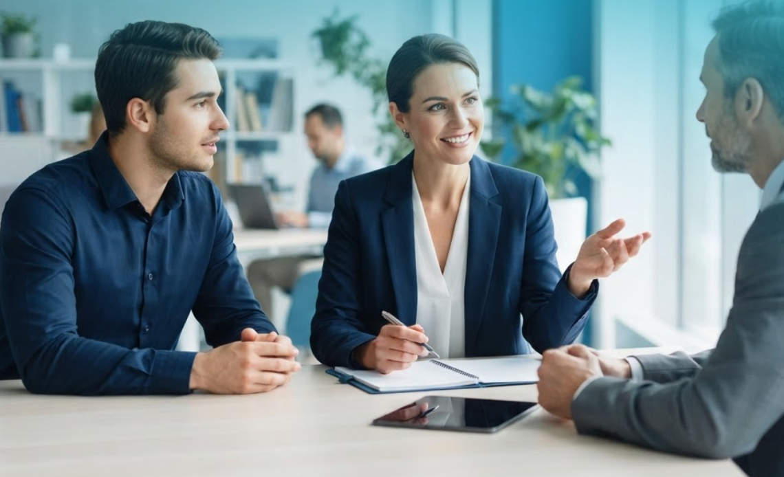 A professional office meeting with three people. The man in the blue shirt, seated on the left, listens to the central woman while displaying body language that suggests a resistance to instructions, illustrating the concept of Insubordination at Work.