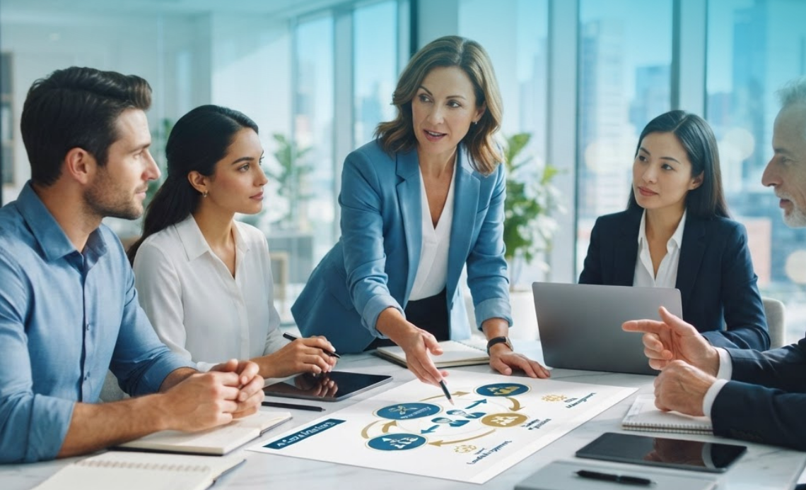 A team of five professionals in a brightly lit conference room, actively engaged in a meeting. In the center, a woman in a blue blazer is standing and pointing at an organizational chart printed on a large sheet of paper laid flat on the table, illustrating Succession planning services. The chart has interconnected circles and diagrams. Surrounding her are four colleagues: a man in a light blue shirt, a woman in a white shirt, an Asian woman with a laptop, and a man whose hands are gesturing at the chart. The background is a large window overlooking a city skyline. The atmosphere is collaborative and focused.