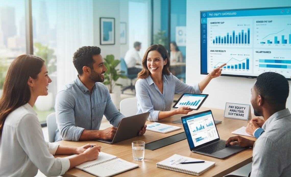 A team of colleagues collaborating in a brightly lit boardroom while reviewing data on laptops, tablets, and a wall-mounted screen displaying compensation metrics and analytics generated by pay equity analysis software.