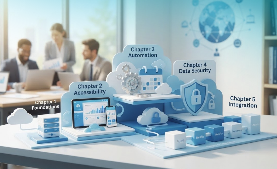Conceptual workspace layout illustrating core features of cloud based hr software across five distinct thematic chapters