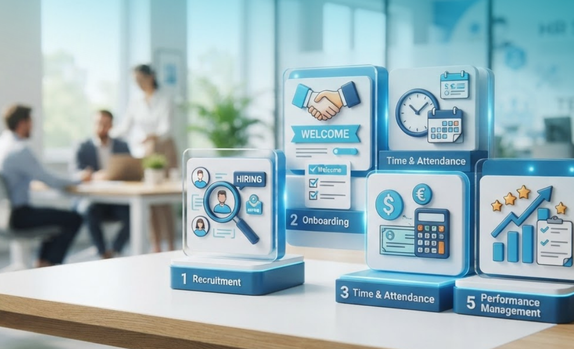 A 3D professional infographic placed on a wooden desk illustrating the 5 master functional chapters of human resource management system (hrms)