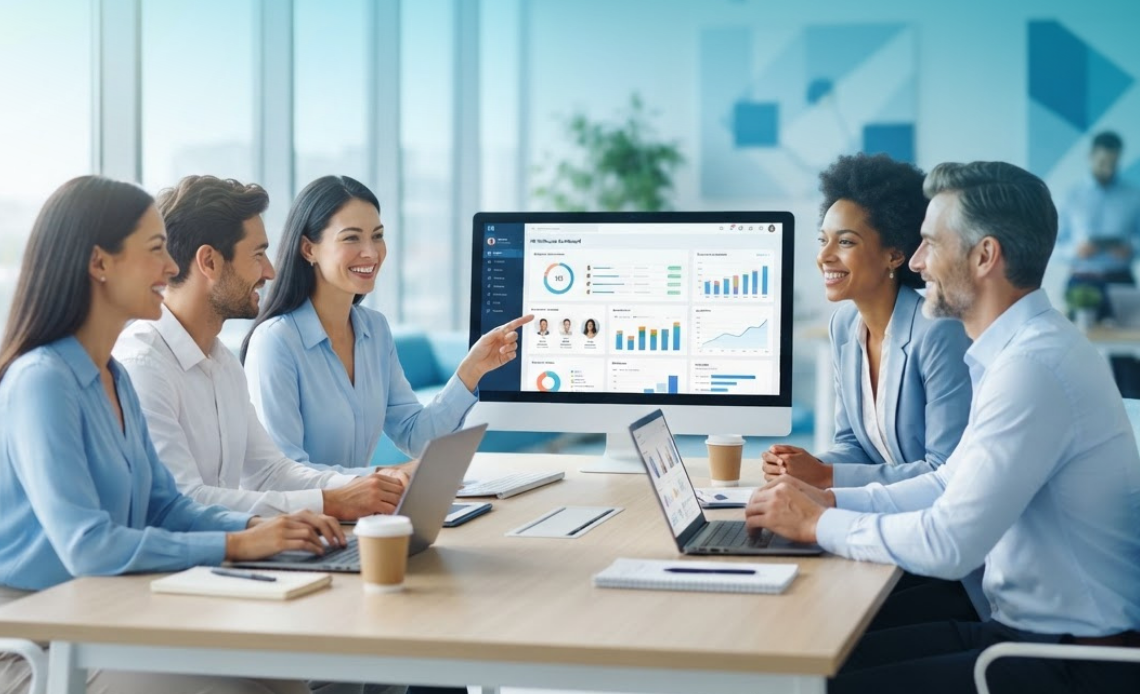 Professional human resources team utilizing an hr software as service tool for workforce management