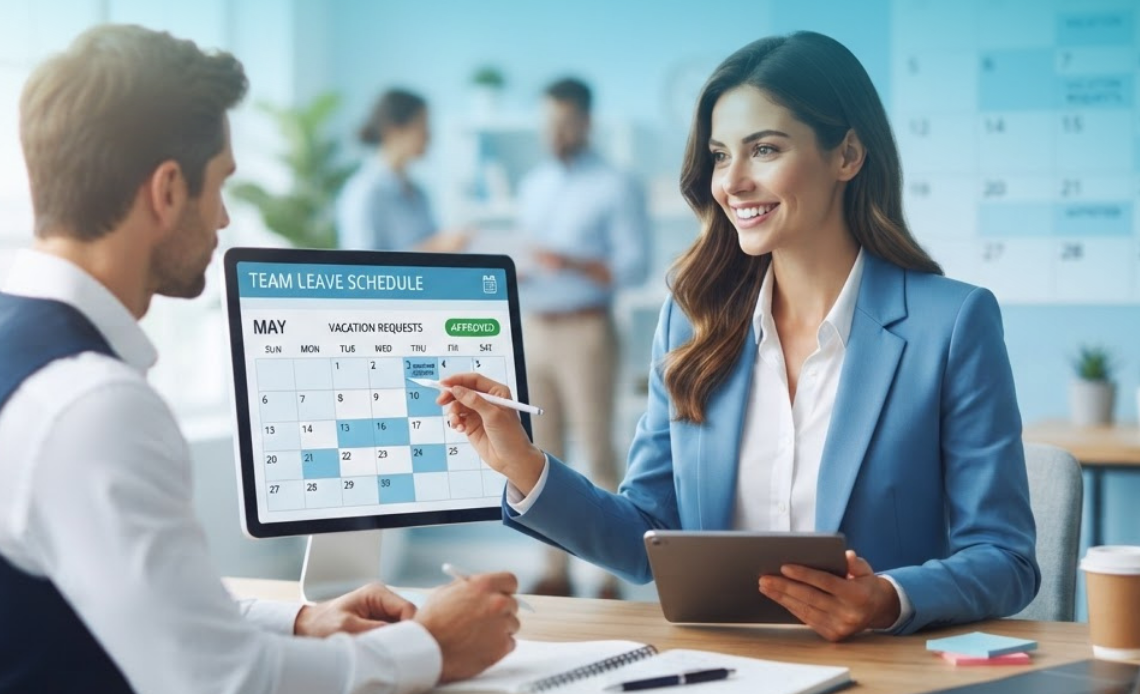 A smiling woman in a modern office pointing to a digital calendar displaying team leave schedules to illustrate the management of Time Off Requests.