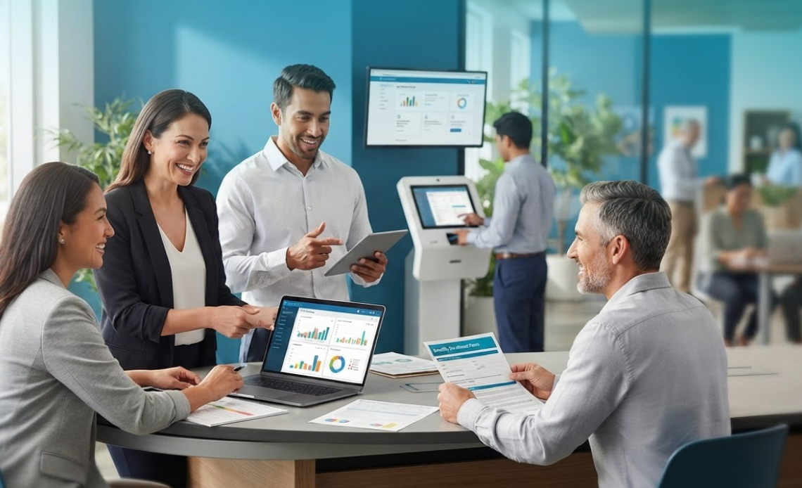 Corporate workspace scene highlighting workflow efficiency achieved through cloud-connected hr systems