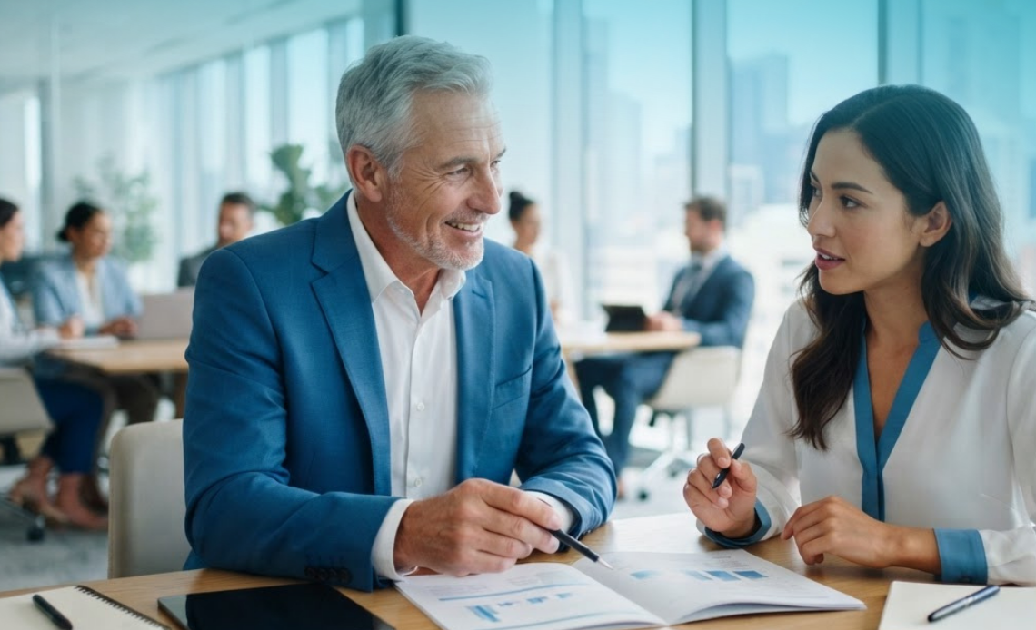 A mature business owner and a younger professional collaborating over documents in a bright corporate office, serving as succession planning for business owners.