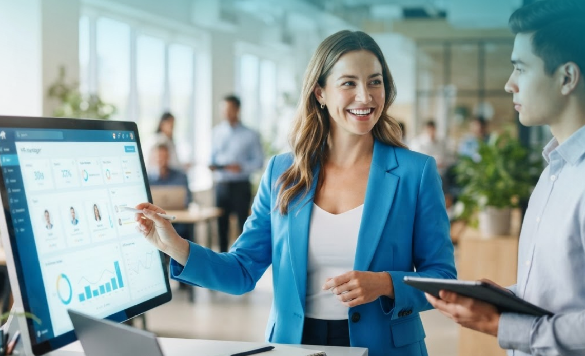 Corporate professionals analyzing workforce analytics and scaling metrics on enterprise HR software dashboards