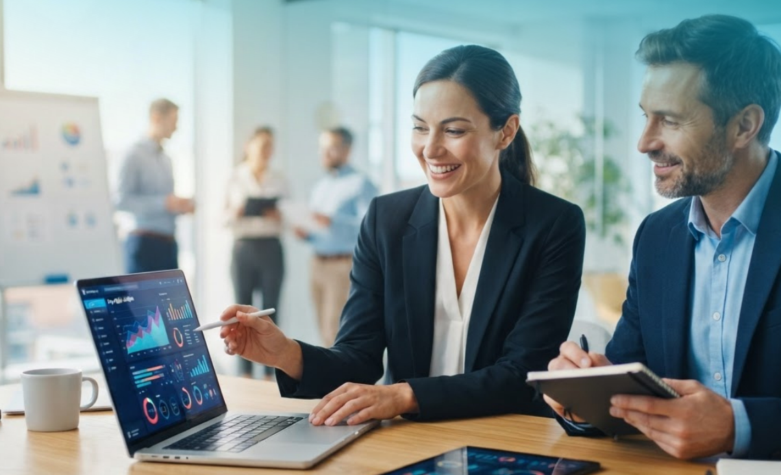 Two professionals collaborating in a modern office, with a laptop displaying financial charts and analytics dashboards, demonstrating pay equity analysis software features.