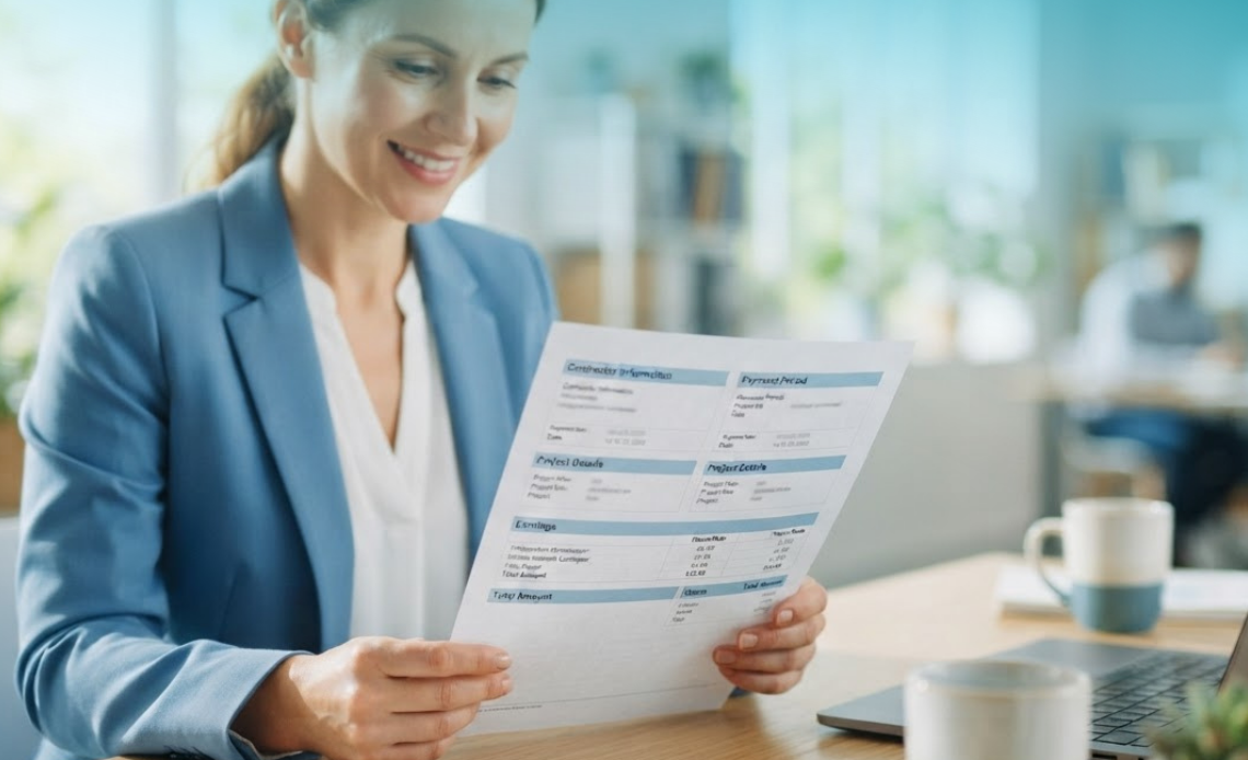 Woman reading a Sample Pay Stub for independent Contractor