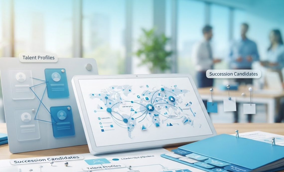 A corporate workspace featuring digital and physical organizational charts, displaying talent profiles and leadership pipelines, utilized as succession planning tools.