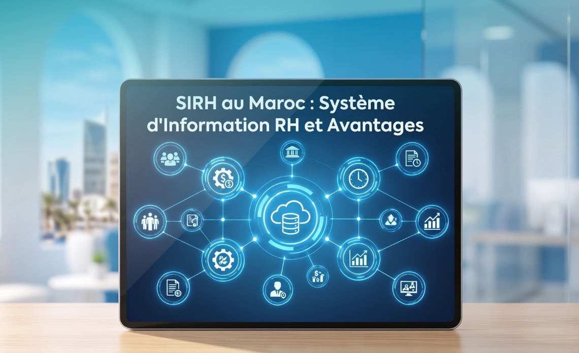 Tablette affichant la Définition SIRH avec un réseau d’icônes RH connectées à une base de données cloud.