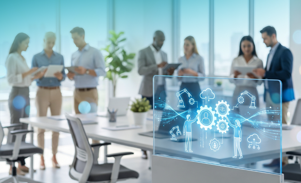 Interface numérique holographique illustrant l'IA et RH devant des employés dans un bureau moderne.
